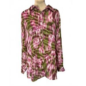 Liz Claiborne Button-Up Shirt with Pink and Green Abstract Pattern XL